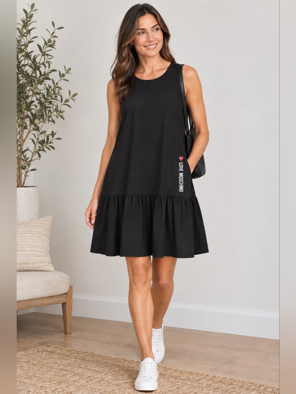 Love Moschino Tunic Dress Size 8 Ruffle Hem Pockets Black